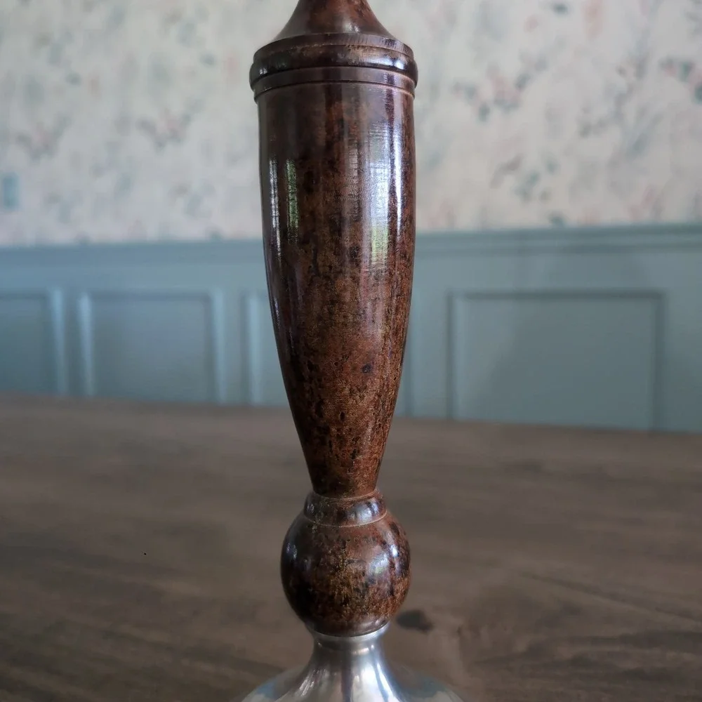 Vintage Candlestick Holders Silver Lacquered Wood~ Metal Set of 2~ India 70s MCM